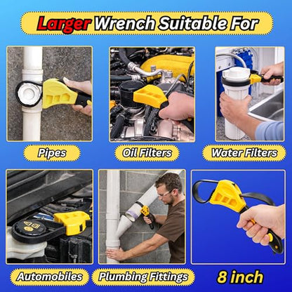 2-Pack Adjustable Rubber Strap Wrench Set, 8" & 6" – Heavy-Duty Non-Slip Oil Filter Wrench & Jar Opener for Plumbing, Water Filter, Shower Head, Sink, Faucet, Pipes & Automotive Use (Yellow)