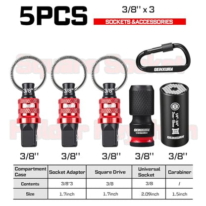 Geinxurn 5Pcs Socket Holder Keychain, 3/8" Drive Quick Release & Quick Change Socket Set Organizer with Square Drive Socket and Universal Socket for Lineman, Electricians, Construction Crews - style: B01K005-0308