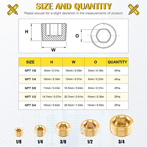 16Pcs 5 Sizes Brass NPT Plug Assortment Kit, 1/8" 1/4" 3/8" 1/2" 3/4" Internal Hex Counter Sunk Pipe Fitting Male Thread Pipe Plug Set