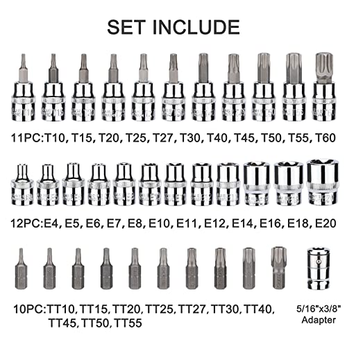 CASOMAN 34 Pieces 3/8-Inch Drive Torx Bit Socket and E-Torx (Star) Socket Set, CR-V & S2 Steel, E4-E20, T10-T60, Tamper Proof TT10-TT55, 5/16"F to 3/8"M Adapter