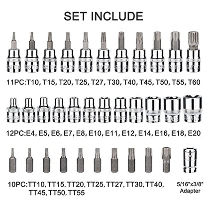 CASOMAN 34 Pieces 3/8-Inch Drive Torx Bit Socket and E-Torx (Star) Socket Set, CR-V & S2 Steel, E4-E20, T10-T60, Tamper Proof TT10-TT55, 5/16"F to 3/8"M Adapter