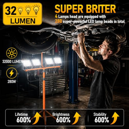 4-Head 32000LM LED Work Light with Stand & Wheel, 280W Tripod Light | 6500K, Adjustable Height, 360° rotation, IP66, Foldable, Individual Switch Light, Suitable to Job Site, Construction, Garage - color: Orange