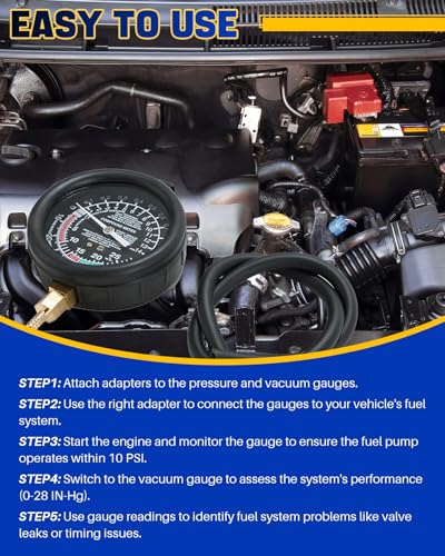 DASBET Car Vacuum and Fuel Pump Tester Gauge Kit, Fuel Pump and Vacuum Tester Gauge, Leak Carburetor Pressure Diagnostics