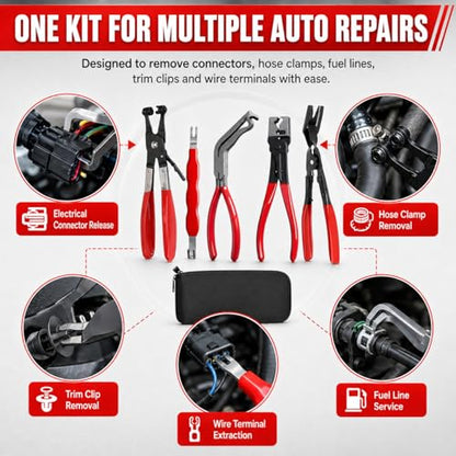 Automotive Electrical Disconnect Pliers Kit 5pc Fuel Line Tool Set Hose Clamp 60° Angled Connector Separator Trim Clip Removal Tools Plug Release & Wire Terminal Remover for Auto Repair
