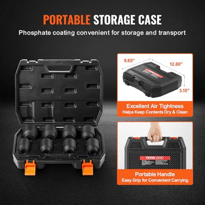 VEVOR Axle Nut Impact Socket Set - 3/4" Drive Deep 6-Point 8-Piece SAE Spindle Nut Socket CR-MO Heat Treated Large Socket Set with Storage Case for Auto Repair, Removing or Installing Axle Nuts - style: 3/4" 8PCS SAE CR-MO