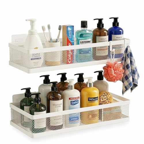 PUSDON Mesh Shower Caddy Wall Mount, Heavy Duty Adhesive Bathroom Shelf Organizer, Rustproof Floating Spice Rack for Kitchen Pantry, Holds 50 LBS, Multi-Purpose Storage White-2 Packs (Netting) - color: White, size: Full Mesh (12.6" Wide)