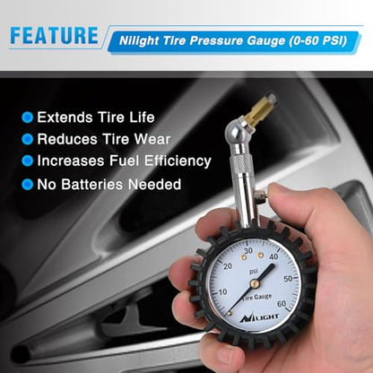 Nilight Tire Pressure Gauge 60PSI Heavy Duty Stainless Steel Air Chucks ANSI B40.1 Certified Large 2" Dial Wheel Service Checker for Truck Semi Truck ATV Motorhome Cars & RV Accessories - color: 60psi Tire Gauge