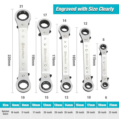 DURATECH 5 Pc Double Offset Box End Reversible Ratcheting Wrench Set Metric, Heavy-duty, Matte Chrome Plated, Ratchet Spanner Crooked for Narrow Spaces (6x8 mm, 10x12 mm, 13x14 mm, 15x17 mm, 19x21 mm) - size: Metric