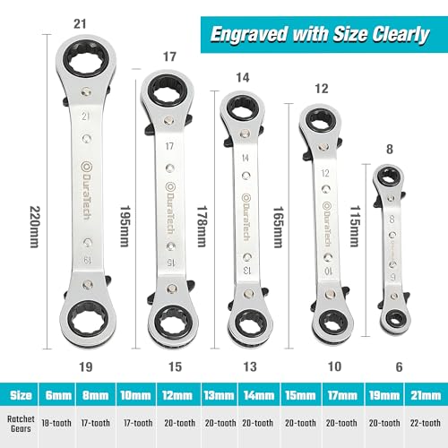 DURATECH 5 Pc Double Offset Box End Reversible Ratcheting Wrench Set Metric, Heavy-duty, Matte Chrome Plated, Ratchet Spanner Crooked for Narrow Spaces (6x8 mm, 10x12 mm, 13x14 mm, 15x17 mm, 19x21 mm) - size: Metric