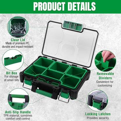 SK 13.5-Inch Small Part Organizer, Stackable Tools Box Organizer with 7 Compartments and Removable Dividers, Transparent Lid, Waterproof & Impact-Resistant Design, for Small Tools and Accessories - size: 13.5-Inch Small Part Organizer