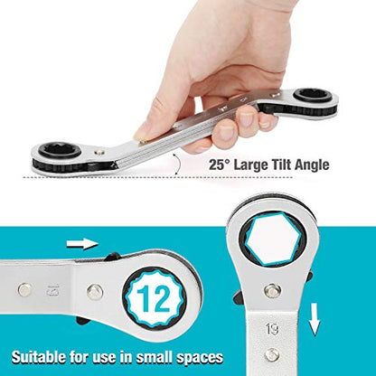 DURATECH 5 Pc Double Offset Box End Reversible Ratcheting Wrench Set Metric, Heavy-duty, Matte Chrome Plated, Ratchet Spanner Crooked for Narrow Spaces (6x8 mm, 10x12 mm, 13x14 mm, 15x17 mm, 19x21 mm) - size: Metric