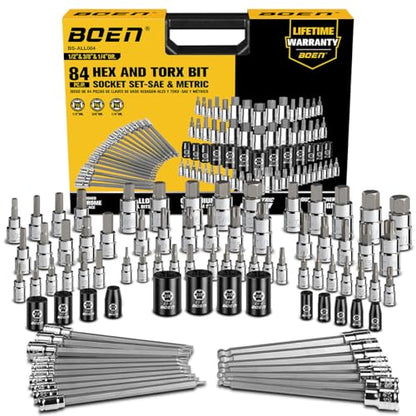 BOEN 84-Piece Master SAE/Metric Allen and Torx Bit Socket Set | 1/4″, 3/8″, 1/2″ Drive | Includes Ball End Hex & E-Torx Sockets | S2 & CR-V Steel