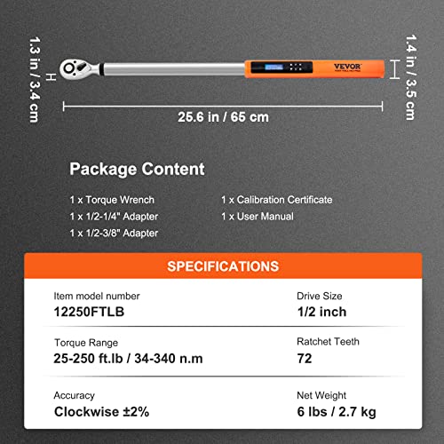 VEVOR Digital Torque Wrench 1/2" Drive(25-250ft.lb/34-340n.m), ±2% Torque Accuracy, 3-Mode Adjustable Electronic Torque Wrench with LED Buzzer Calibration - size: 25-250 FT.LB, style: 1/2-Inch
