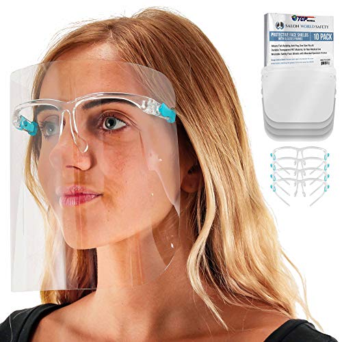 TCP Global Salon World Safety Face Shields with Glasses Frames (Pack of 10) - Ultra Clear Protective Full Face Shields - color: Clear