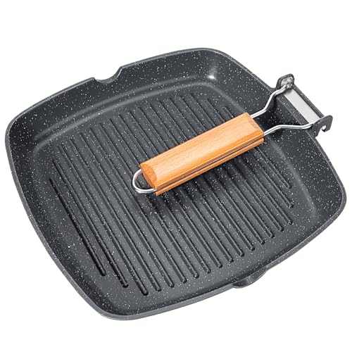 GiPP Nonstick Grill Pan with Folding Handle,Square Grill Skillet, Grilling Pan with Pour Spouts, Versatile Griddle Steak Pan for All Stove,PFOA Free,11 Inch - size: 11"*11"