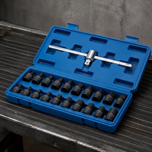 21 Pieces Oil Drain Plug Socket Wrench Kit Black Phosphated Finish Oil Drain Plug Socket Kit Molded Compartments for Mechanics