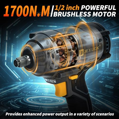 JEXUGK 1700Nm Impact Wrench, Cordless 1/2" Impact Gun with 2 x 4.0Ah Battery, Brushless High Torque Electric Impact Driver with 6 Socket & Extension Rod, Taladro De Impacto for Home Car Truck Tire Lug