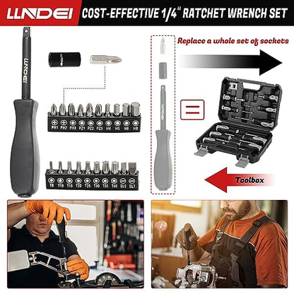 LLNDEI 1/4" Impact Socket Set 83 Pieces, SAE(5/32-9/16 in) Metric (4-15mm) | 72T Ratchet Wrench Handle,CR-V Mechanics Tool Set with Adapter, Screwdriver Bits for Automotive Repair - size: 83-Piece 1/4" Drive Impact Socket Set