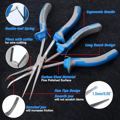 SPEEDWOX Long Reach Bent & Needle Nose Pliers with Smooth & Serrate Jaw | Needle Nose Pliers with Smooth Jaw & Bent Needle Nose Pliers With Serrated Jaw & Wire Cutter, Extra Long, Jewelry Making - style: 2PCS Needle Nose Pliers