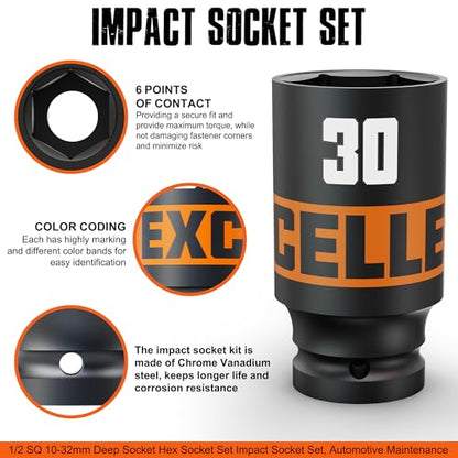 16 Piece 1/2-Inch Drive Impact Socket Set, 10-32mm Deep Sockets, 6 Point Metric Sockets for Automotive Repair, Equipment Maintenance - size: 1/2 Inch Metric Large