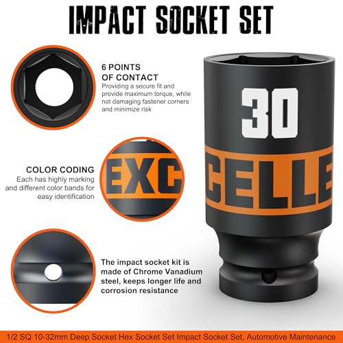 16 Piece 1/2-Inch Drive Impact Socket Set, 10-32mm Deep Sockets, 6 Point Metric Sockets for Automotive Repair, Equipment Maintenance - size: 1/2 Inch Metric Large