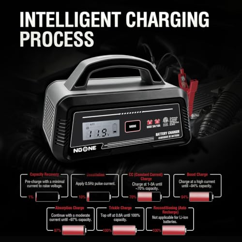 NOONE 5A/10A Smart Battery Charger - 6V/12V Fully Automatic Maintainer | with Winter Mode, Auto Repair and Overheat Protection - Car Trickle Charger for AGM, Gel, Deep Cycle & LiFePO4 Batteries