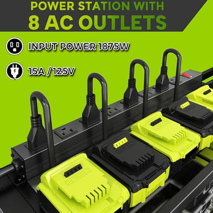Large Power Tool Organizer Wall Mount with Charging Station, 8 Outlet Power Strip, 4 Layers 8 Drill Holder Heavy Duty Metal Tool Storage Loads 420lbs with Screwdriver Holder, Utility Racks for Garage