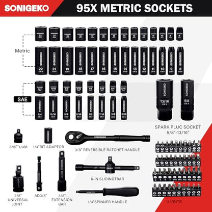 95-Piece 3/8" Drive Impact Socket Set, 6-Point Deep & Standard SAE/Metric CR-V Sockets with Ratchet Handle & Security Bits - size: 95 PCS, 3/8" Socket Set, Metric & SAE
