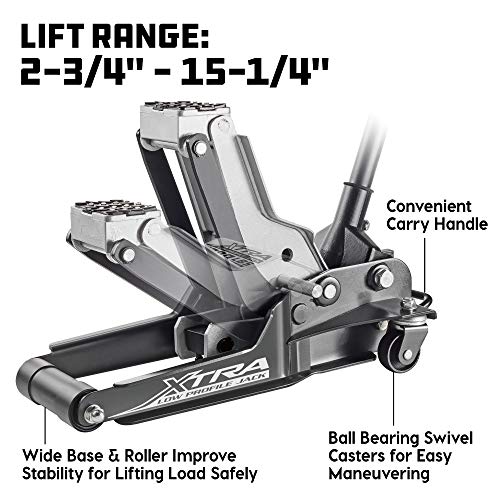Powerbuilt Xtra Low Profile Floor Vehicle Jack with Safety Bar, Extra Low Car Jack - 2 Ton Load Capacity 620479E, Silver - size: 2 Ton, Xtra Low Profile