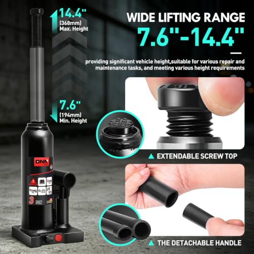 DNA Motoring 3 tons / 6000 lbs Lifting Automotive Welded Hydraulic Bottle Jack for Car SUV Pickup Truck, Auto Repair, with Manual Handle & Carrying Storage Case, Black - color: black, style: 3 ton