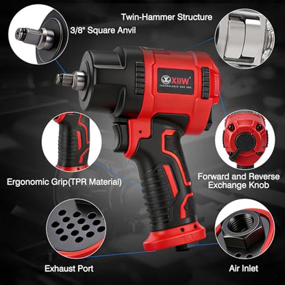 XIIW 3/8 Inch Air Impact Wrench, 745ft-lbs Nut-busting Torque, 10,000 RPM | Heavy Duty 3/8'' Air Impact Gun, Twin Hammer Pneumatic Impact Wrench for Automobile Repair - size: 3/8 Inch | 745 ft-lbs