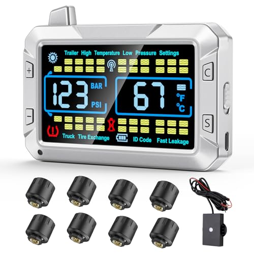 Truck tire Pressure Monitoring System (0-188 PSI) Features a Signal Booster, a 4.3-inch Color Screen, six Alarm Modes, and can Monitor up to 43 Tires for Trailer rv semi Truck Camper (8 Sensors) - size: 8 Sensors