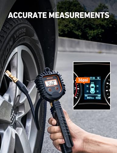AstroAI 3-250 PSI Digital Tire Pressure Gauge Inflator, Heavy Duty Professional Air Compressor Accessories, ANSI B40.7 Grade 2A, Swivel Brass Air Chuck Compatible for Car/SUV/Truck/RV - style: Rubber Hose