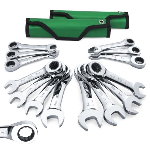 SK Stubby Ratcheting Wrench Set, Combination Wrench Set, 14-Piece, SAE & Metric, 72-Tooth, CR-V Steel, with Rolling Pouch - size: Metric & SAE