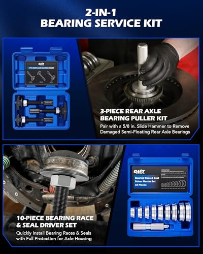 OMT 13pc Bearing Service Kit, Rear Axle Puller & Bearing Seal Driver Kit | 3 pullers, 9 dual-head driver discs, race remover & installer, 1045 steel chrome-plated, molded case