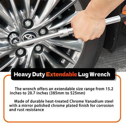 Telescoping Lug Wrench with Pouch, High Torque CR-V Steel | Adjustable Length 15.2" to 20.7" Tire Iron, Safety Lock & Rubber Grip - Fits Most Cars & SUVs - size: 20.7in(No Sockets)