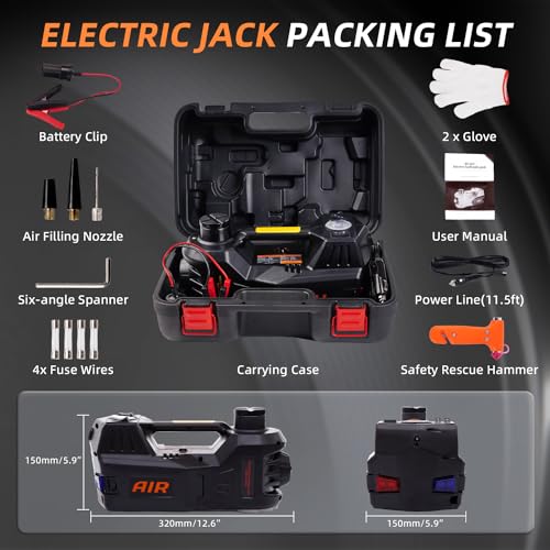 STANDTALL Electric Car Jack 5 Ton 12V Hydraulic Jack, Built-in Inflator | Fits Sedan SUV Truck, Lift Range 5.9-17.7in, 35L/min Air Pump, 150 PSI Gauge, One-Button Lifting, Compact Case - color: Black