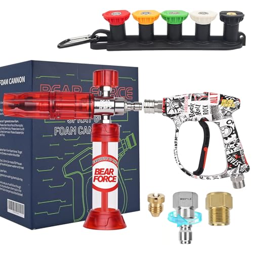 BEAR FORCE Pressure Washer Gun Up to 3000 PSI with Undiluted Mini Foam Cannon Set, 5 Spray Nozzles, Power Washer Spray Gun with 3/8'' Swivel Quick Connect, M22-15mm Connector, Car Wash, Car Detailing - color: Spray Gun & Mini Foam Cannon Set