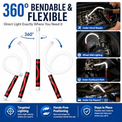 Flexible LED Light Stick 30", Rechargeable Bendable Mechanic Work Light, 1200 Lumens Inspection Light with 360° Flexible Neck, IPX6 Waterproof for Car Repair, Under Hood, Garage and Tight Spaces