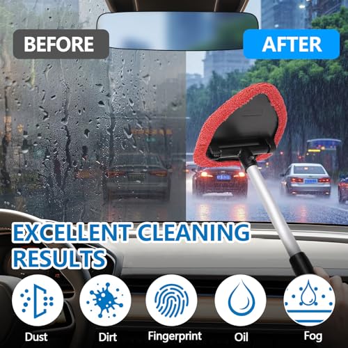wuyaoyao Car Windshield Cleaning Tool, Car Windshield Window Cleaner, Auto Window Glass Cleaning Kit with Extendable Handle & Reusable Microfiber Pad & Spray Bottle, Universal Car Accessories (Red) - color: Red