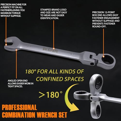 vivicreate 8-Piece Anti-Slip Ratcheting Combination Wrench Set, Metric 6–19mm, 72-Tooth CR-V Steel Wrenches with Roll-Up Organizer for Automotive & DIY Repair