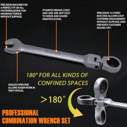 vivicreate 8-Piece Anti-Slip Ratcheting Combination Wrench Set, Metric 6–19mm, 72-Tooth CR-V Steel Wrenches with Roll-Up Organizer for Automotive & DIY Repair