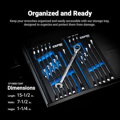 Capri Tools 120-Tooth Ultra-Smooth Reversible Ratcheting Wrenches Set, XL Long Series, 12-Point, 8 to 19 mm, Metric, 12-Piece with Merchanic's Tray - size: 12-Piece Metric Set
