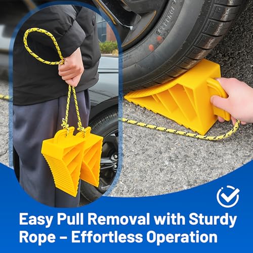 ROBLOCK 4 PCS Wheel Chocks with Rope for Travel Trailers, Non-Slip Grooved Wheel Blocks for RVs, Campers, Trucks, Cars, Boat Trailers, Parking Stabilizer RV Accessories, Easy to Carry, Yellow - size: 4 PCS