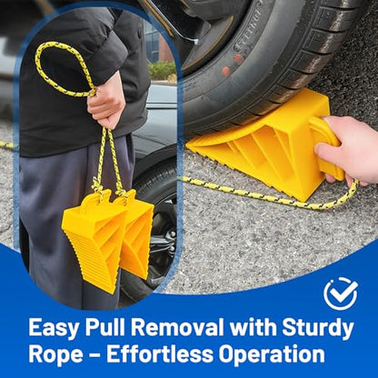 ROBLOCK 2 PCS Wheel Chocks for Travel Trailers, Heavy Duty Yellow Tire Stoppers with Rope, Non-Slip Grooved Wheel Blocks, Easy to Carry, Parking Stabilizer RV Accessories, Yellow - size: 2 PCS