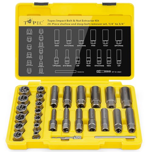 Topec Deep Bolt Extractor Set 28PCS, 3/8" Drive Bolt Extractor Kit, Spark Plug Extractor Socket Set, Lug Nut Removal Tool for Stripped, Broken, Rounded Bolts Lug Nut Stud Remove - color: 28pcs