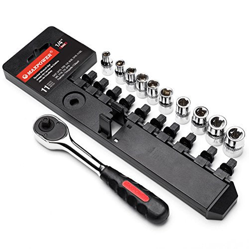MAXPOWER 11-Piece 1/4" Ratcheting Socket Wrench Set Quick Release Reversible Ratchet Handle and Swappable Spanners Inch Imperial Sockets with Hanging Rack - color: Sae 1/4" Drive