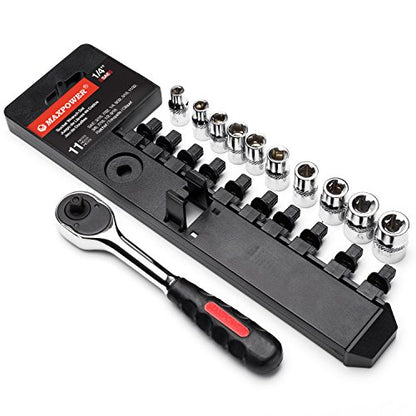 MAXPOWER 11-Piece 1/4" Ratcheting Socket Wrench Set Quick Release Reversible Ratchet Handle and Swappable Spanners Inch Imperial Sockets with Hanging Rack - color: Sae 1/4" Drive
