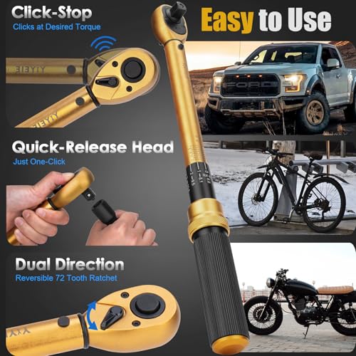 1/4 3/8 1/2-inch Drive Click Torque Wrench, 8Pcs Torque Wrench Set 10-230in.lb, 5-50ft.lb, 10-180ft.lb with Adapters, ±3% Accuracy, 72-Tooth Dual Scale Torque Wrenches for Bike, Moto, Car Repair - size: 1/2″3/8″1/4″ 8 PCS