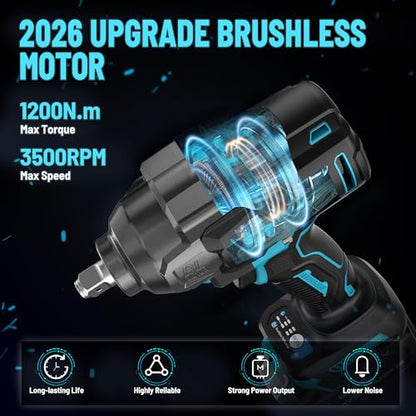 GEVEELIFE 1200N.m (900Ft-lbs) Brushless Impact Wrench, 1/2" Cordless Impact Driver with 2x 4.0Ah Battery, Fast Charger & 5 Sockets, High Torque, Electric Impact Gun for Car/Truck/RV/Mower
